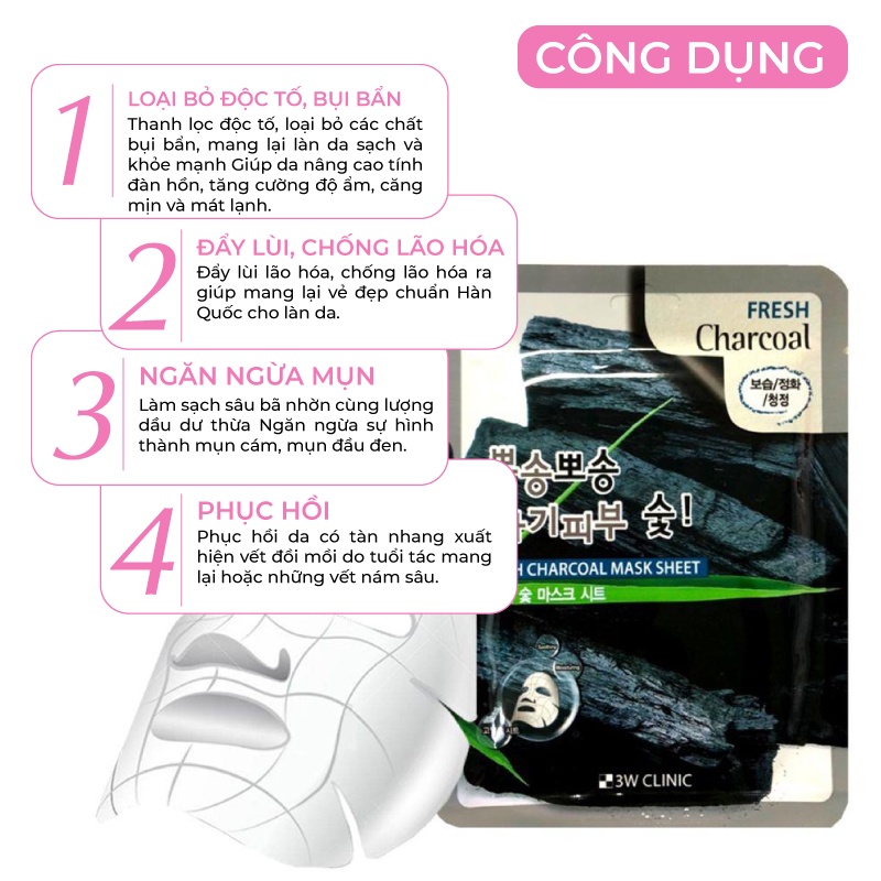 [Lẻ Miếng] Mặt nạ giấy dưỡng trắng da giảm mụn thải độc chiết xuất than hoạt tính 3W Clinic Hàn Quốc 23ml