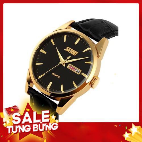Đồng hồ nam SKMEI viền vàng mặt đen dây da cao cấp phong cách trẻ trung