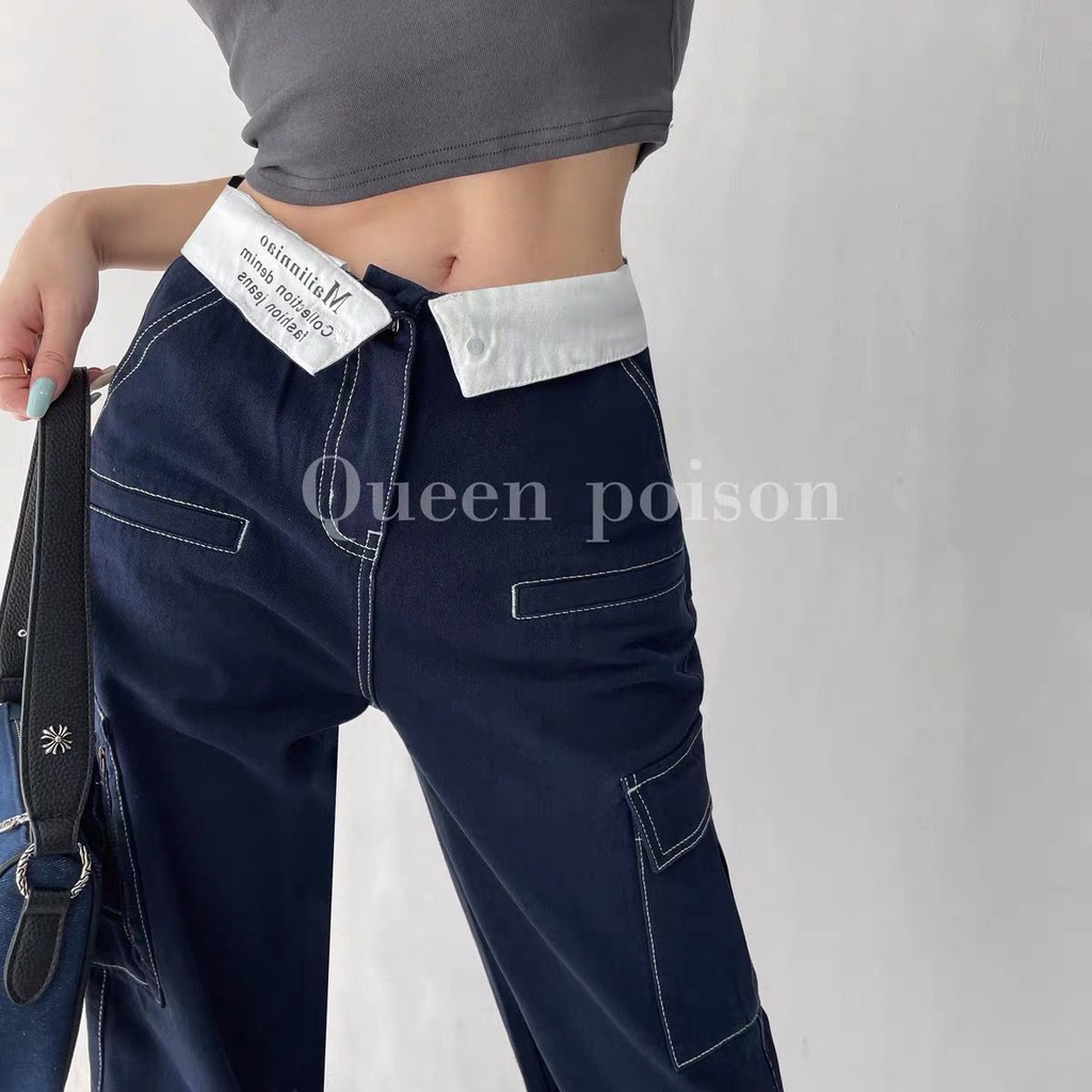 Quần Jean Ống Rộng Lưng Cao Màu Sắc Tương Phản Phong Cách Âu Mỹ Thời Trang Mùa Thu Cho Nữ