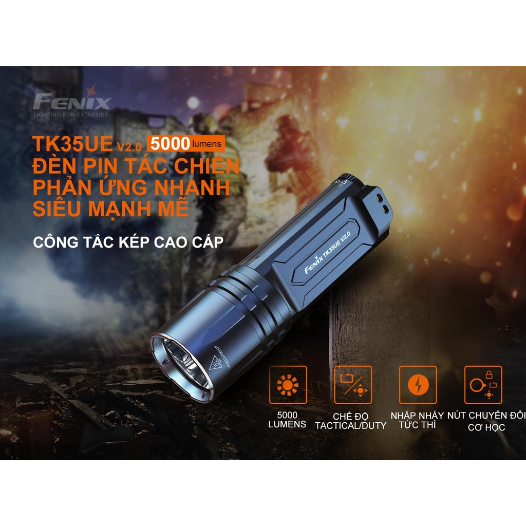 Đèn pin FENIX TK35UE V2.0 độ sáng 5000 lumen chiếu xa 400m 3 LED sử dụng 2 pin sạc 18650