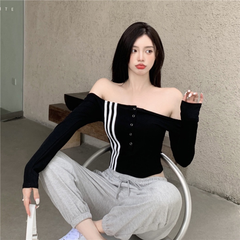 Áo Thun Nữ Tay Dài Trễ Vai Một Sọc Thời Trang Hàn Quốc