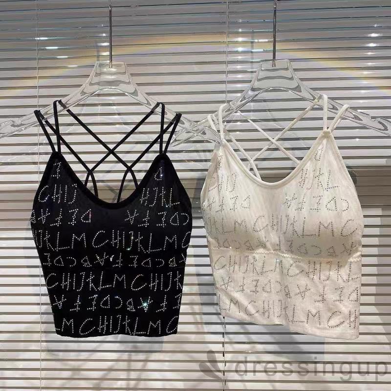 Áo Hai Dây Mỏng Hở Lưng In Chữ Đính Đá Cho Nữ