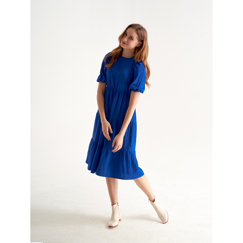 Đầm xanh Sappire váy tầng nữ YV LE & CO vải tơ gợn sóng nữ tính, trẻ trung | BigBuy360 - bigbuy360.vn