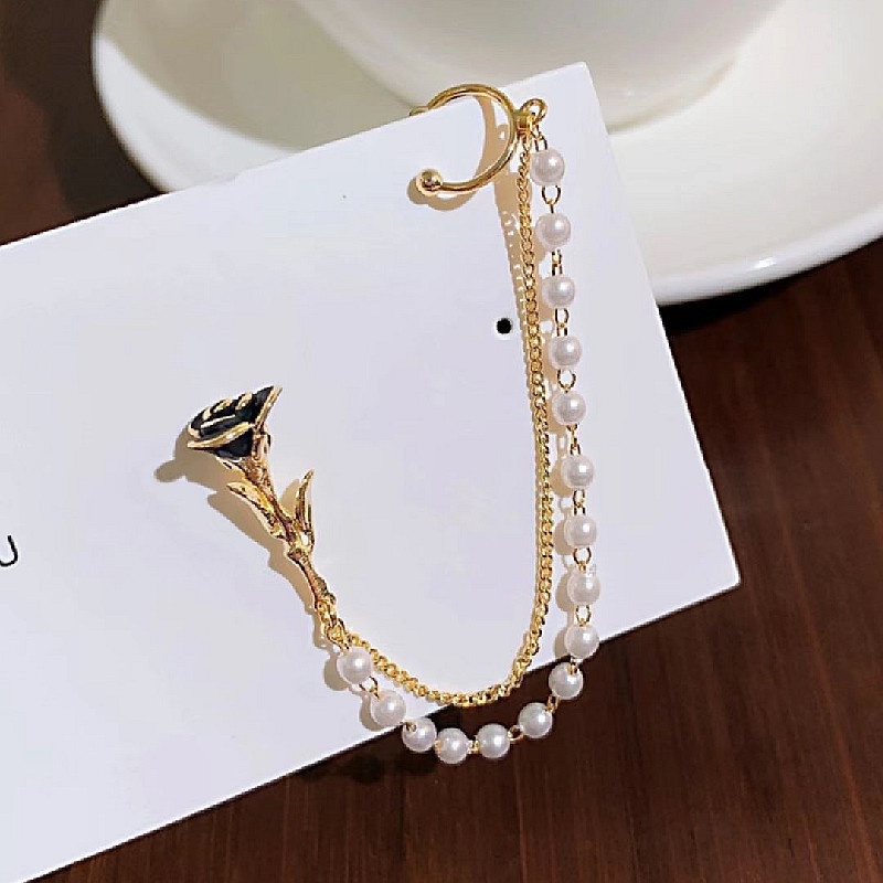 Khuyên Tai Chuỗi Đính Hoa Hồng Ngọc Trai Phong Cách Cổ Điển