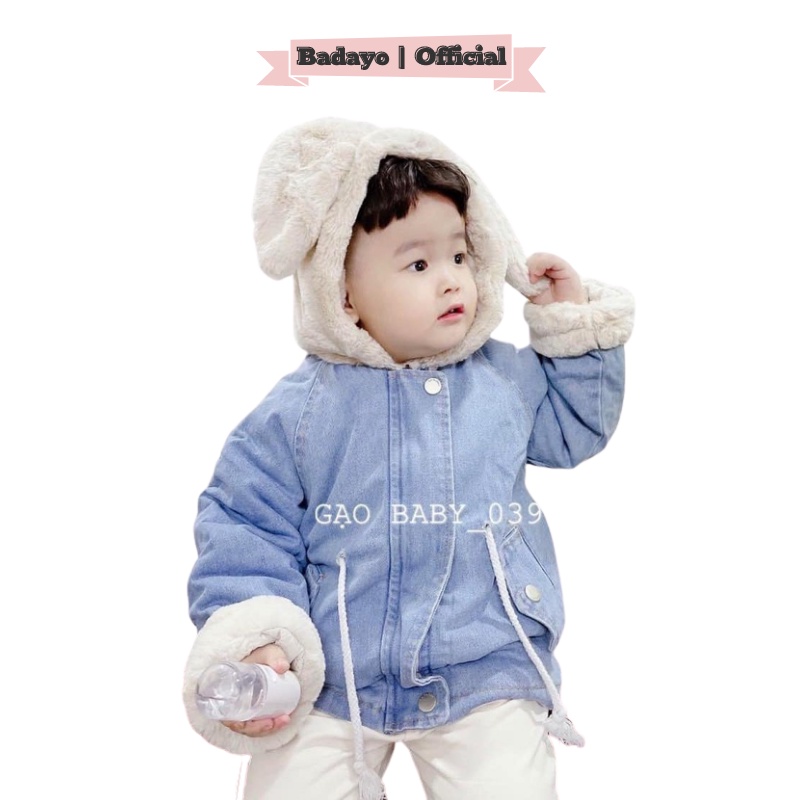 Áo khoác cho bé trai gái jean bò lót lông tai gấu siêu ấm trai gái thời trang trẻ em BADAYO AQ55522G