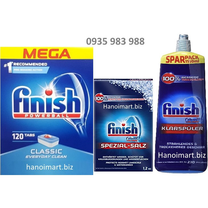 Combo 120 Viên rửa bát Finish+740ml Nước làm bóng+muối finish 1,2kg - Hanoimart