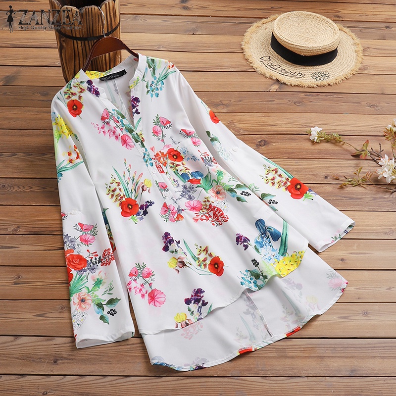 Áo sơ mi ZANZEA tay dài cổ chữ V dáng rộng in hoa vạt thấp và cao thời trang cổ điển cho nữ