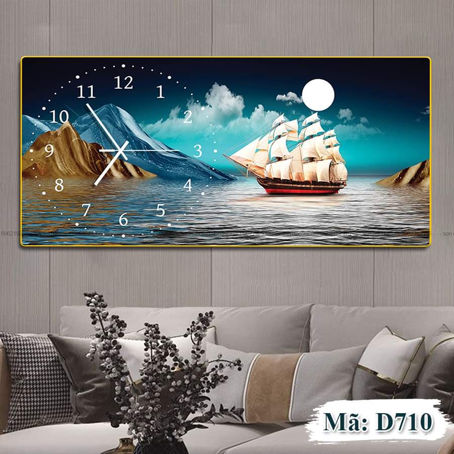Tranh đồng hồ treo tường tráng gương 3D trang trí phòng khách đẹp mẫu hot Mẫu tranh thuận buồm xuôi gió
