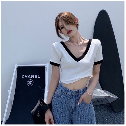 [MÃ TH6739 GIẢM 20% TỐI ĐA 30K ĐƠN TỐI THIỂU 500K]Áo Croptop trễ vai Cổ V Phối Màu