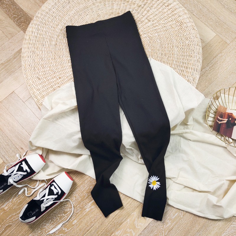 [Baywellfashion]Women Casual Daisy Embroidery Leggings Stretchy Elastic Pencil High Waist Feet Trousers | BigBuy360 - bigbuy360.vn
