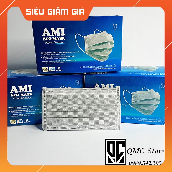 Khẩu trang y tế, Khẩu trang  Ami 4 lớp màu Xám chính hãng &lt; Giảm Giá Sốc&gt;- Hộp 50 cái #QMC