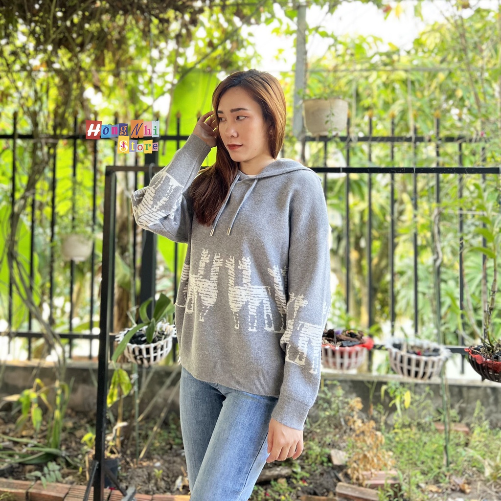 Áo Khoác Hoodie Len Hình Con Lạc Đà Dáng Rộng Có Nón Cao Cấp Ulzzang