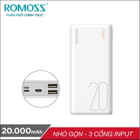 Pin sạc dự phòng Romoss Simple 20 20.000mAh nhỏ gọn 3 cổng input Micro - Lightning - Type C – Hàng chính hãng