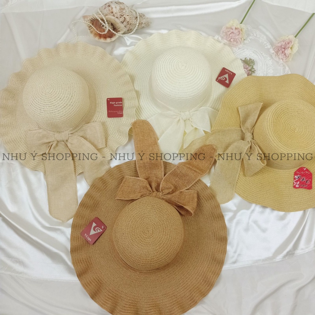 Nón cói mũ cói đi biển cho nữ gợn sóng vành to phối nơ đẹp  -Q12-vành to gợn sóng 4 màu