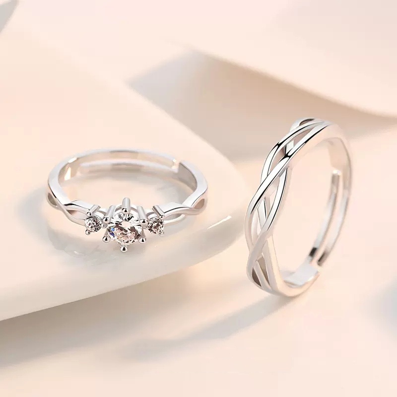 Set 2 Nhẫn Đính Hôn Bạc Đính Đá Lấp Lánh Dành Cho Cặp Đôi