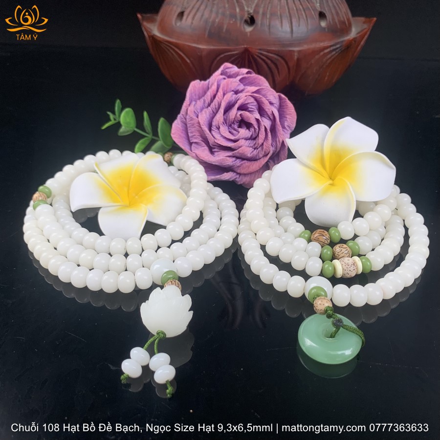Chuỗi tràng hạt 108 Hạt Bồ Đề Bạch Ngoc tự nhiên  Size Hạt 9.3x6.5mm