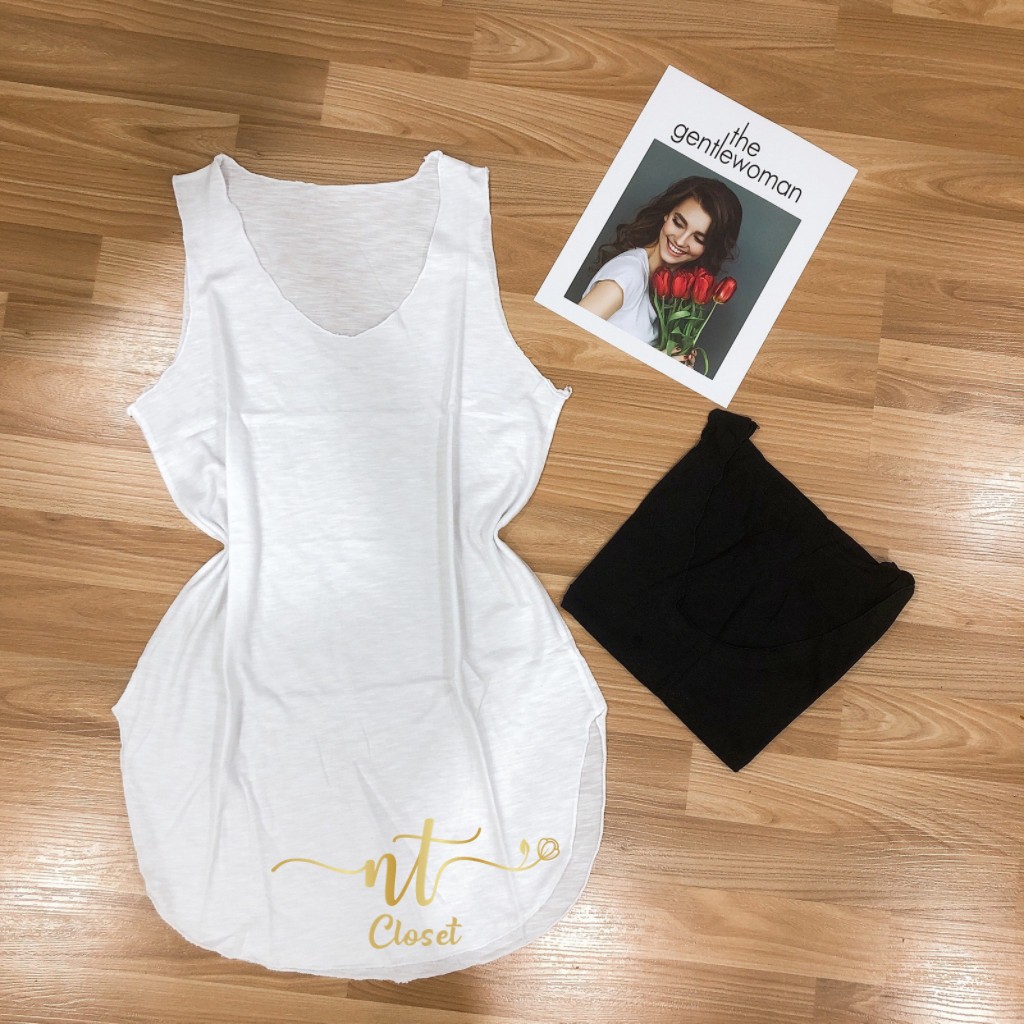 Áo ba lỗ nữ form rộng trơn, áo thun giấy chạy vắt sổ form dài giấu quần (new) - AT004