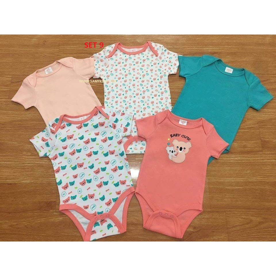 Set 5 bộ body suit cộc tay cho bé từ 0-9 tháng. 100% cotton mềm mịn thoáng an toàn cho trẻ sơ sinh set1