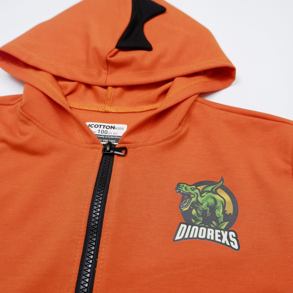 Bộ quần áo hoodie kéo khoá Icotton hình Khủng long màu Cam