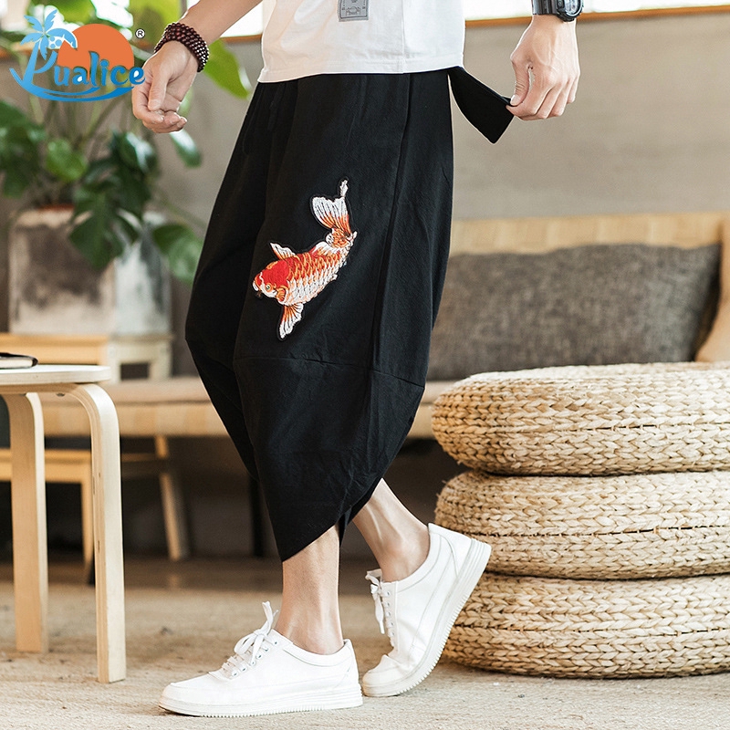 Chinese style wide-leg beach pants cropped trousers bloomers plus size retro men's trousers casual pants