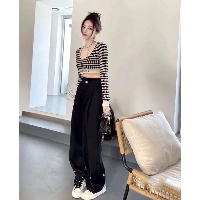 Áo Croptop Dệt Kim Tay Dài Dáng Ôm Phong Cách Hàn Quốc Mới