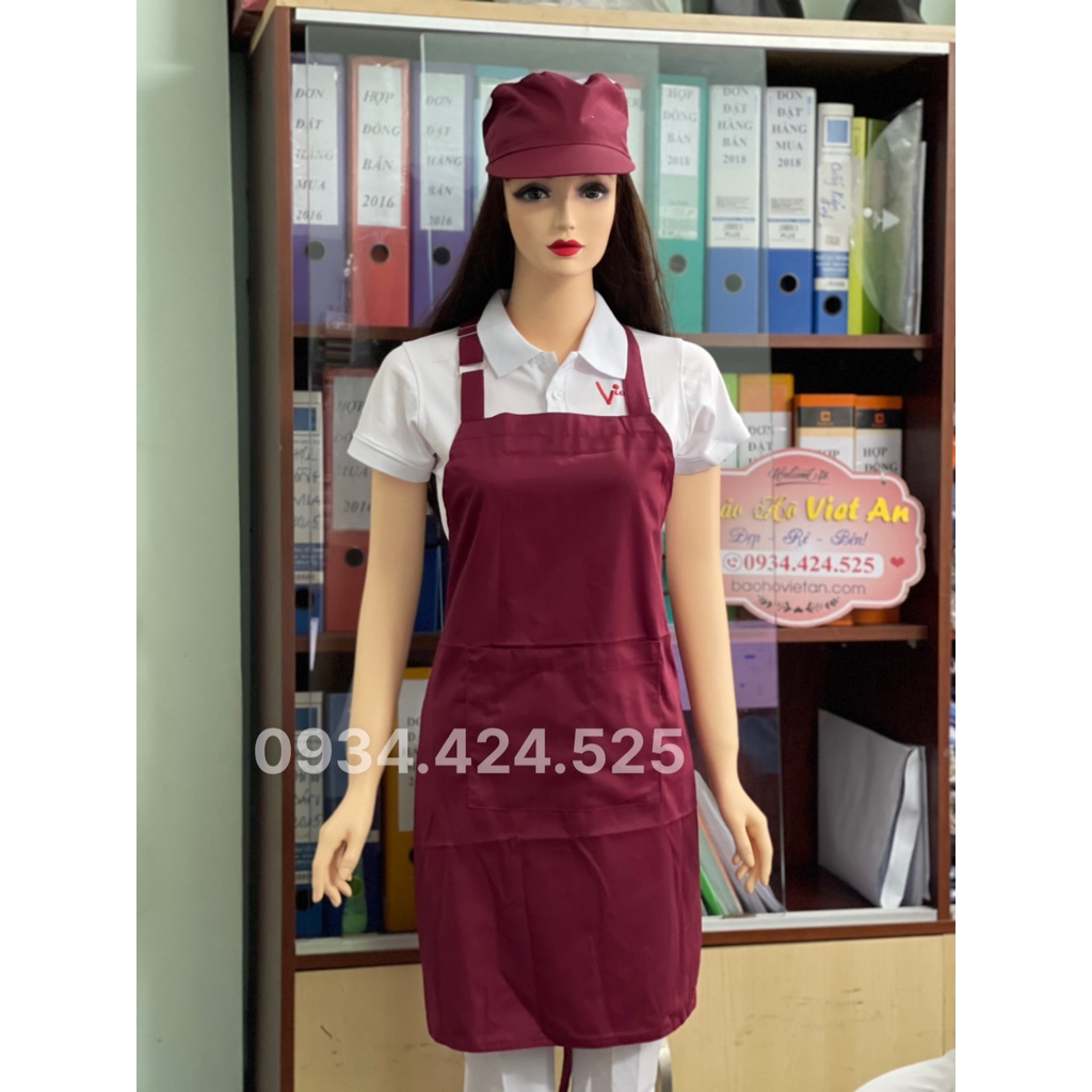 Tạp dề phục vụ phong cách Vintage vải kaki màu đỏ đô dành cho nam nữ phục vụ gồm nón