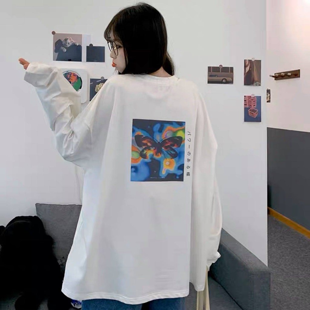 Áo thun unisex nữ tay dài phôm rộng freesize màu trấng xanh dương nhạt - bướm