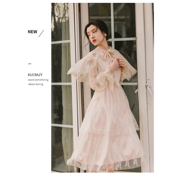 Váy ren kèm khăn choàng MS173 phong cách cổ điển Retro Pháp đầm nữ thời trang DONNA'S chụp hình cưới ngoại cảnh