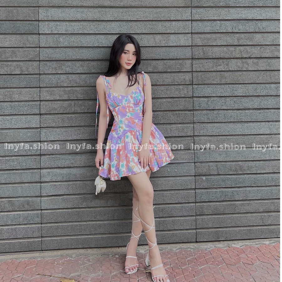 💙 Váy 2 dây xòe hoa nhí xếp li dáng ngắn nhà INY