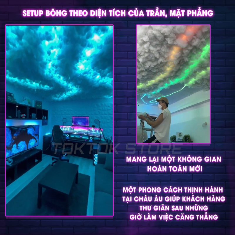 Đèn đám mây, phụ kiện bông làm đèn đám mây, đèn sấm chớp, bông chống bám bụi bẩn đầy đủ phụ kiện.