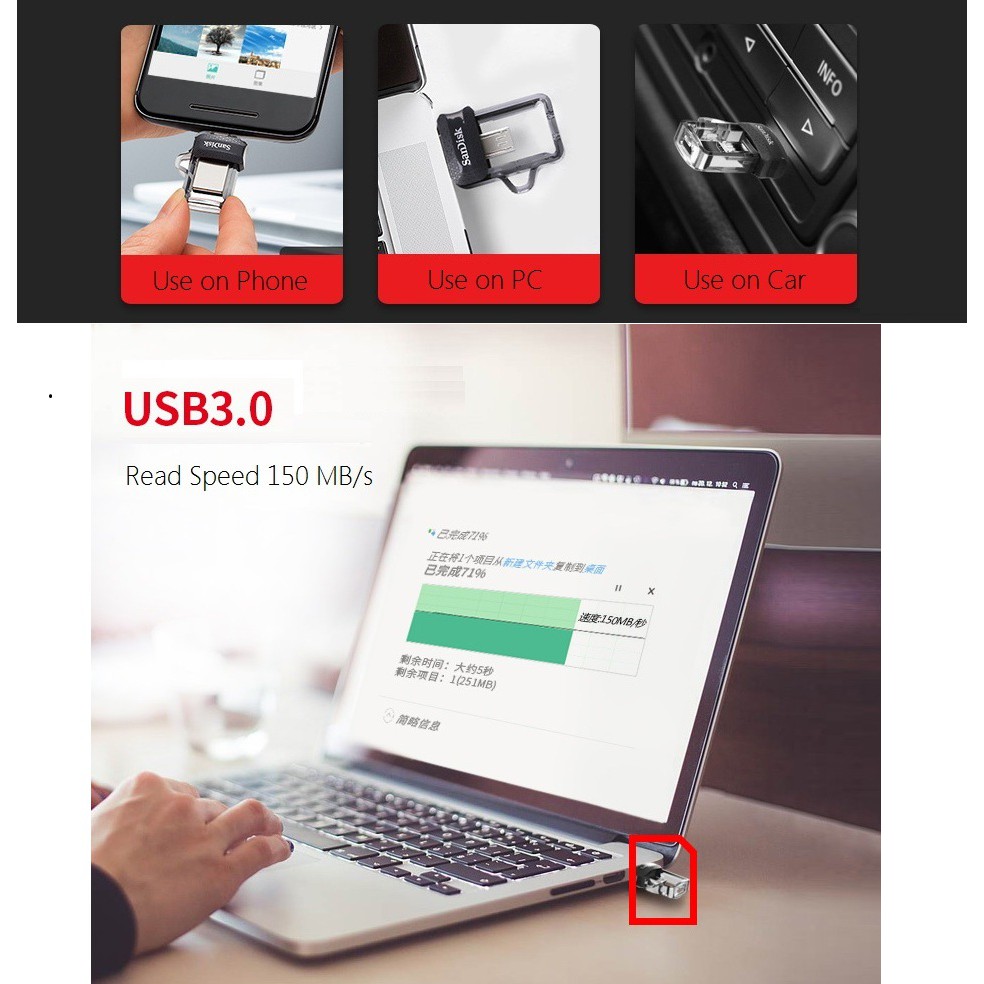 Ổ Cứng Ngoài Sandisk Ultra Dual Drive M3.0 128gb Usb 3.0 Otg Đen