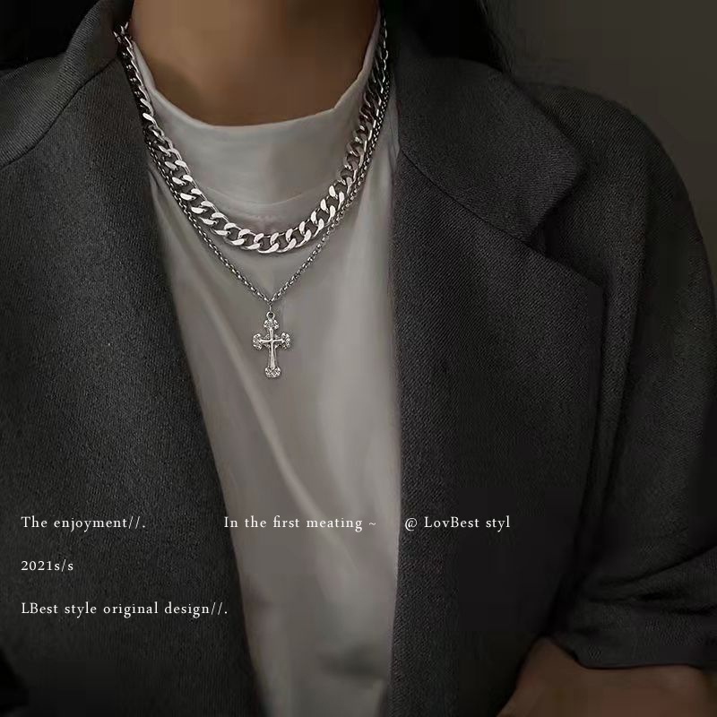 Vòng Cổ Hai Lớp Mặt Chữ Thập Phong Cách hip hop Âu Mỹ Mới Dành Cho Nam Nữ