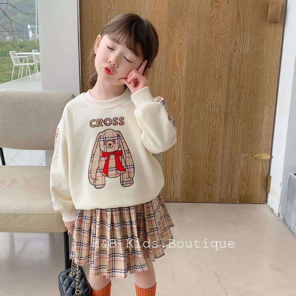 Set váy thu đông bé gái, váy BBR gấu thêu vải da cá quảng châu