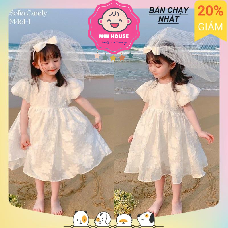 Đầm trắng công chúa tay phồng cho bé gái đi tiệc, du lịch