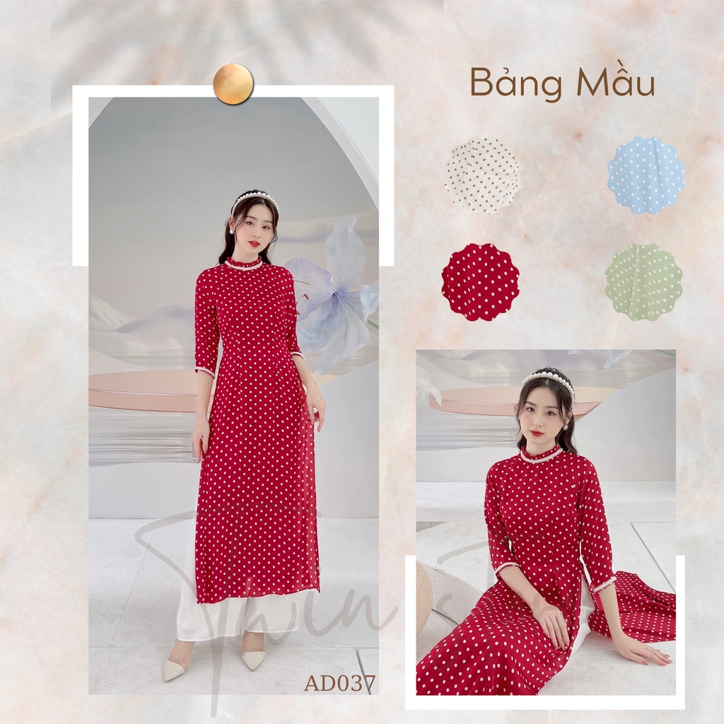 Áo dài nữ dáng ôm KÈM QUẦN - TWINS STORE họa tiết chấm bi, chất lụa - AD037