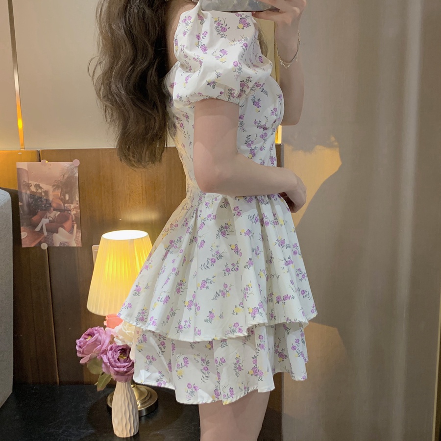 Váy Hoa Nhí vintage, Đầm Hoa Nhí vintage Cúp Ngực Cổ Vuông Tay Phồng Dáng Xoè Ngắn Tiểu Thư | BigBuy360 - bigbuy360.vn