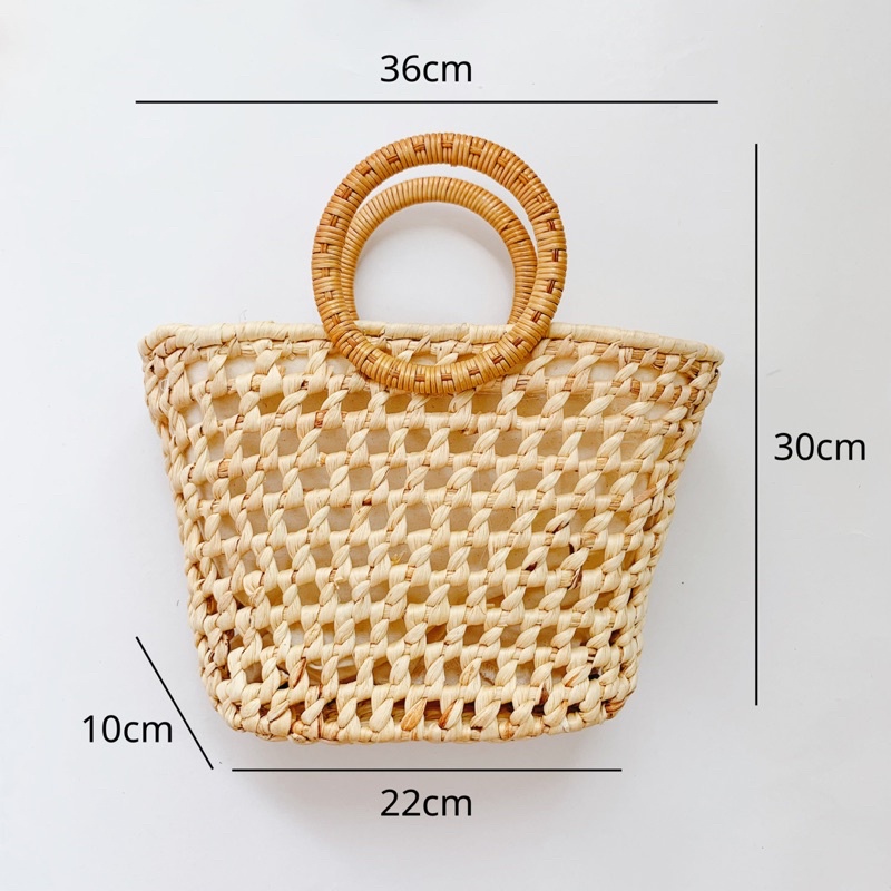 Túi lục bình đan thưa quai mây đính hoa nơ sang chảnh - Tiệm Cói Cô Lê