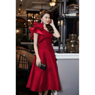 Đầm dự tiệc Đầm xòe cổ xéo vai đính hoa lớn xanh đen hồng sang trọng