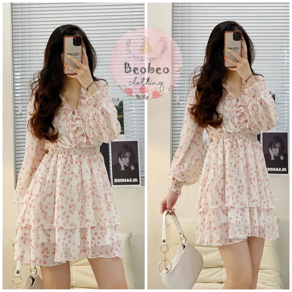 Đầm voan hoa nhí cổ v bèo tay bo xoè tầng vintage