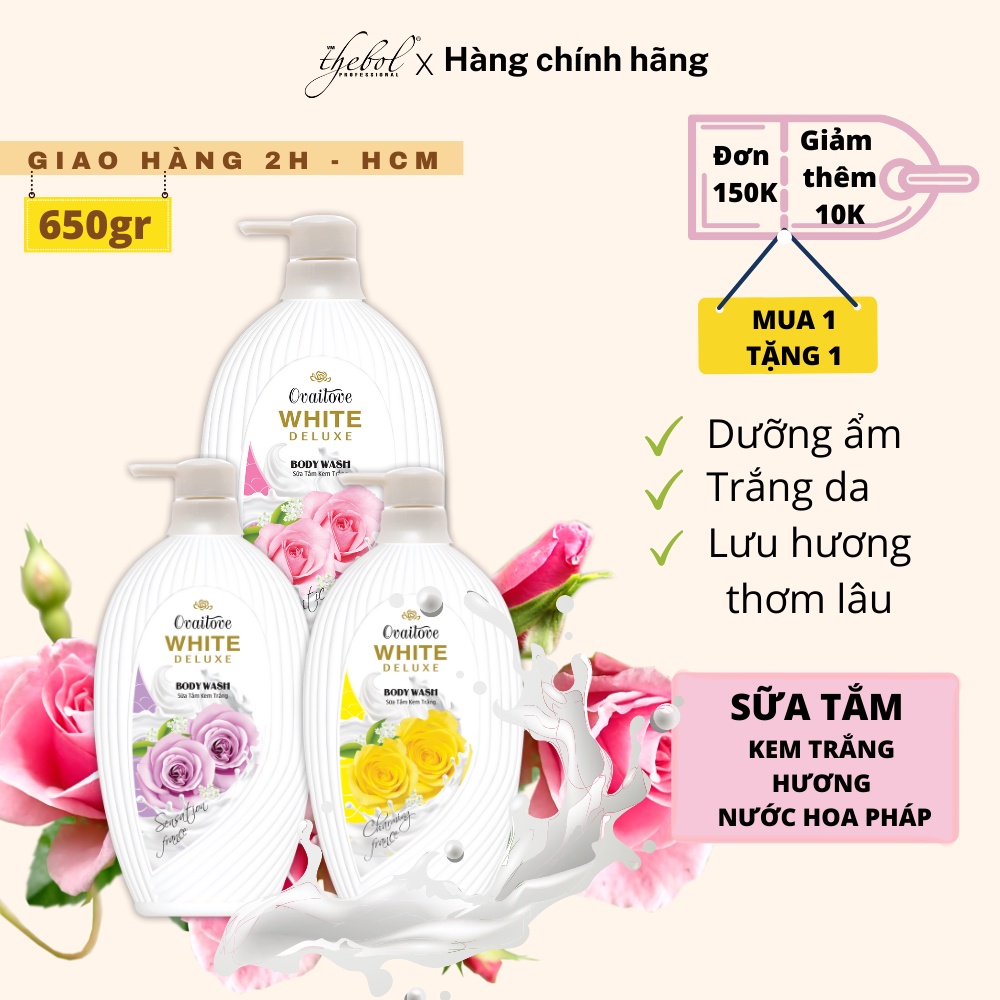 Sữa tắm dưỡng ẩm trắng da Thebol 650g kem White Silk Protein hoa hồng sữa dê hương nước hoa sáng mịn lưu hương thơm lâu