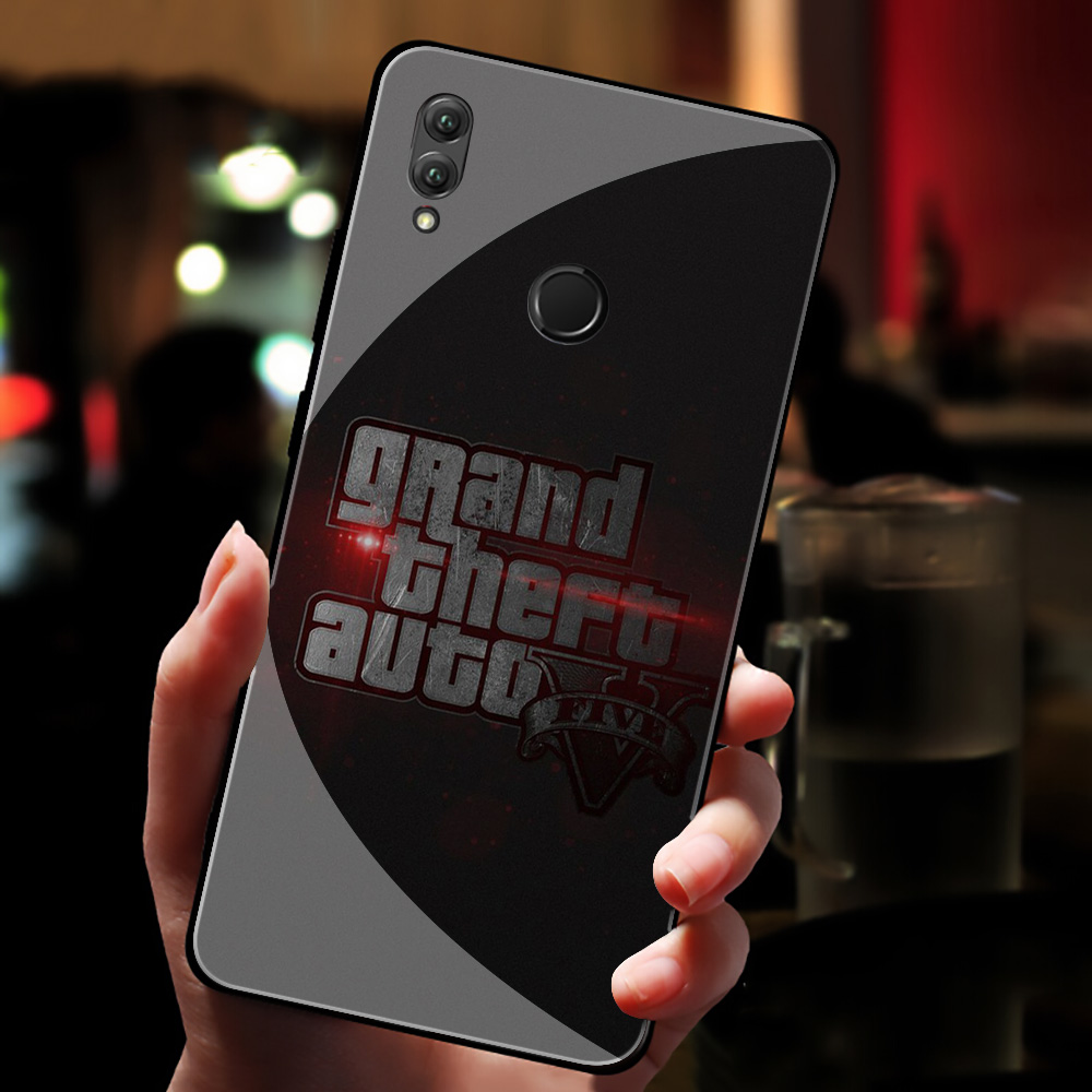 Ốp Điện Thoại Mặt Kính Cường Lực Cạnh Mềm Hình Gta 5 Grand Theft Auto N55 Cho Huawei Honor Y6 Y9 Mate 20 8x 9 10 Lite Pro 2018