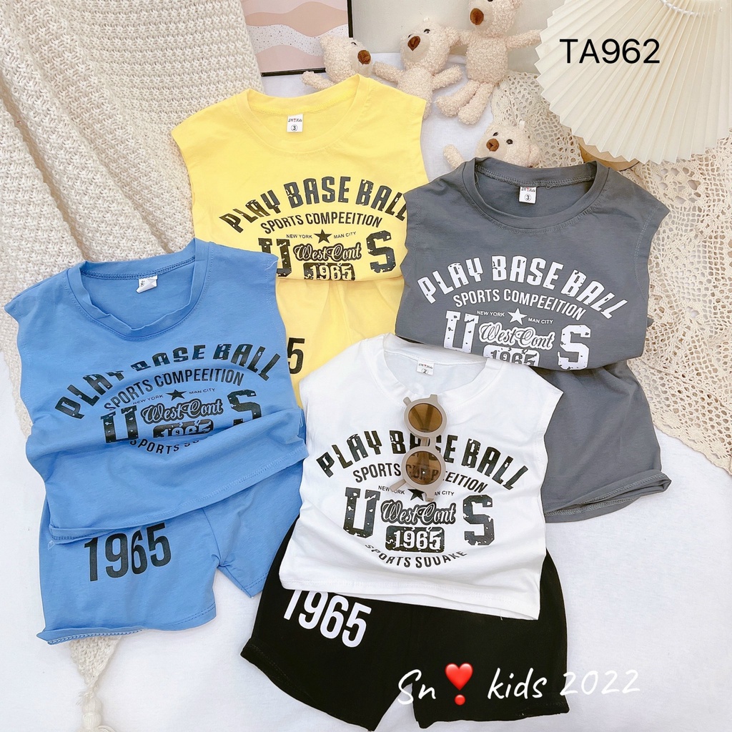 Bộ sát nách, bộ ba lỗ bé trai 1965 PLAY BASE BALL năng động, chất thun cotton mềm mát size từ 22 đến 35 kg