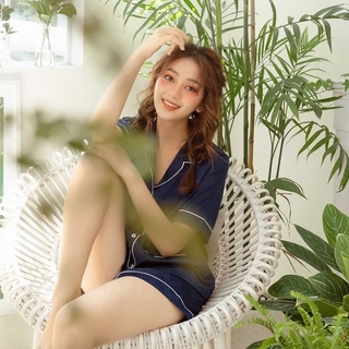 VIBES Đồ bộ Pijama ngắn Lụa trơn cao cấp Navy Silk Py Set