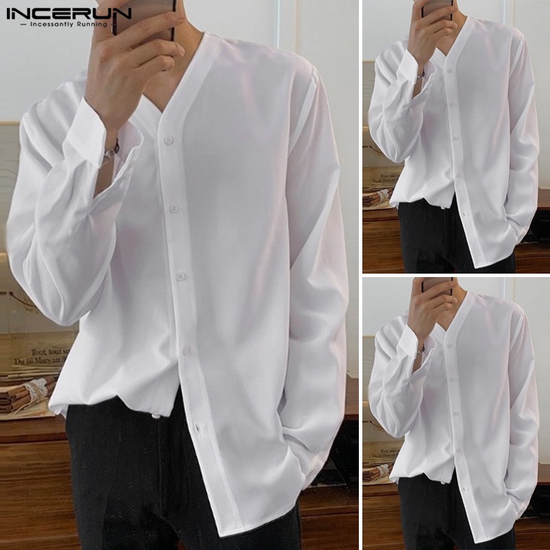 Áo sơ mi INCERUN tay dài cổ chữ V màu trơn thời trang công sở dành cho nam