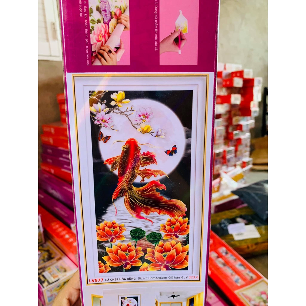 Tranh đính đá Cá chép Hoá Rồng KT:50x90cm