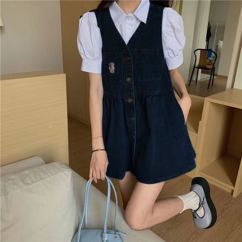 Bộ Áo Sơ Mi Tay Phồng + Váy Yếm Denim Chữ A Xinh Xắn Dành Cho Nữ