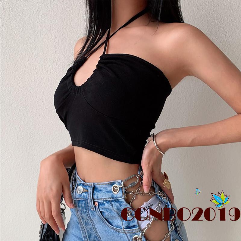 Áo Croptop Sát Nách Phối Lỗ Kiểu Dây Đan Chéo Màu Sắc Gợi Cảm Cho Nữ