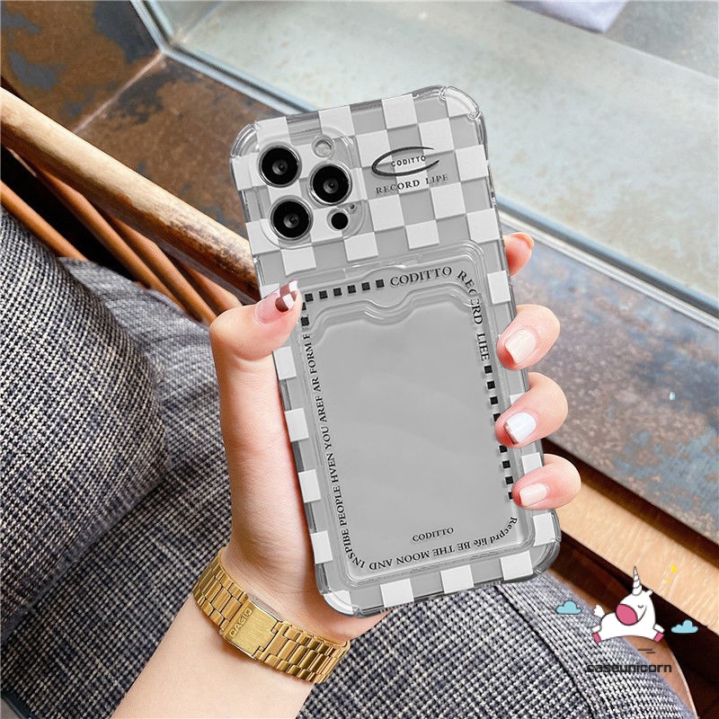 Ốp Điện Thoại Tpu Mềm Trong Suốt Sọc Caro Có Ngăn Đựng Thẻ Cho iPhone 7 8 14 plus 11 12 13 14 pro Max 6 6s plus XR X XS Max SE
