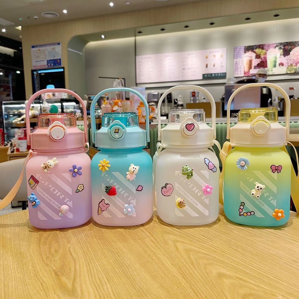 Bình Nước 1.5 Lít Tặng Sticker Dành Cho Người Lười Uống Nước Bình Nước Cute Có ống Hút, Vạch Chia Nhắc Giờ @SKVN