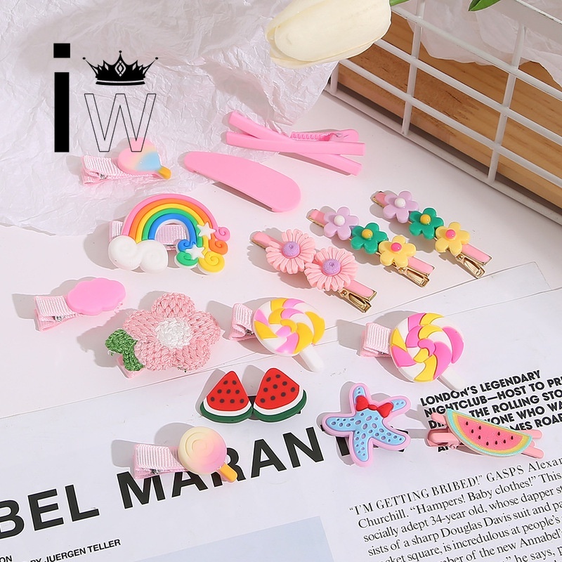 Set 14 Kẹp Tóc Bằng Hợp Kim Hình Trái Cây / Hoa / Bướm / Cầu Vồng Dễ Thương Cho Nữ